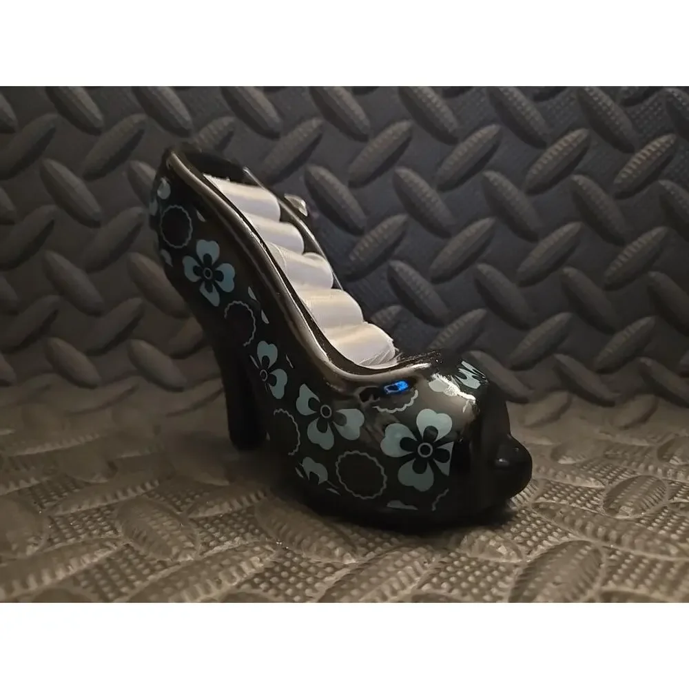 Ceramic High Heel Shoe Ring Holder Jewelry Display Black Floral Purple Flower